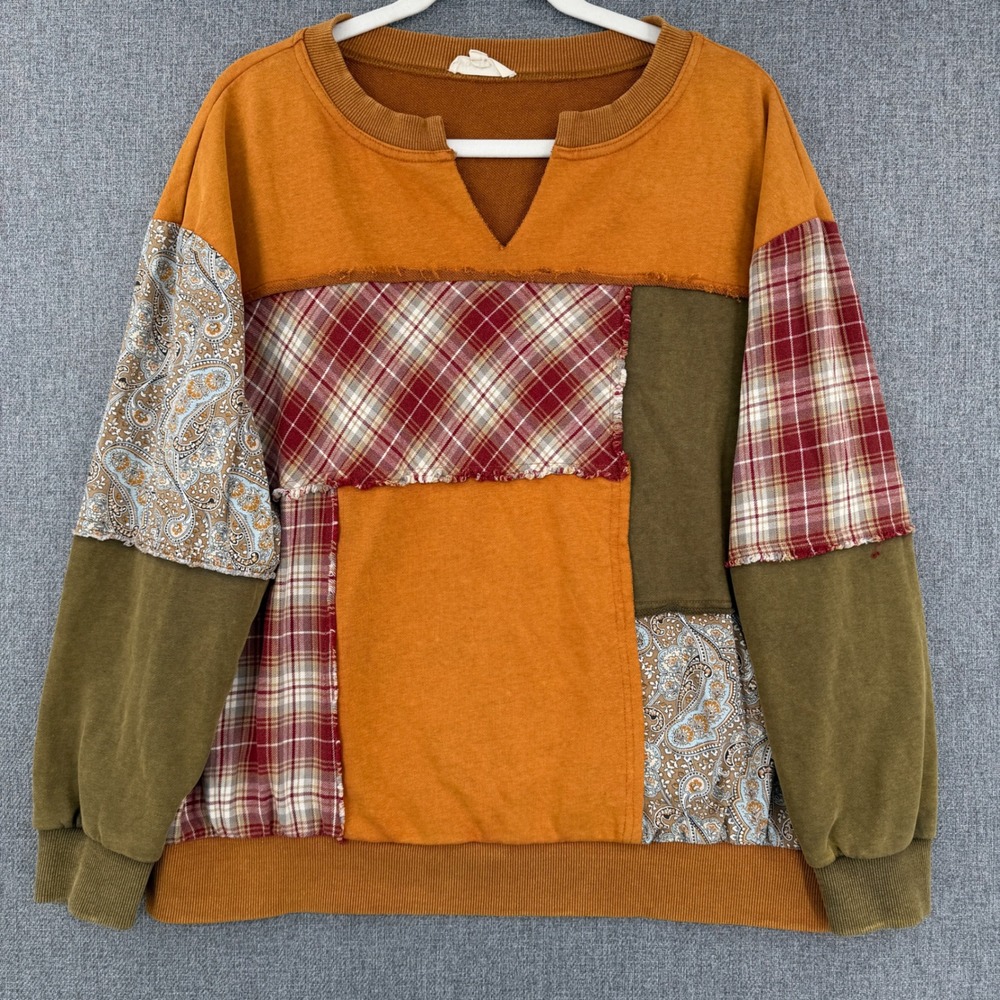 Oli & Hali Patchwork Distressed Pullover Sweatshirt Plaid Paisley Boho Fall Sz S
